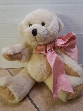 Annette Funicello Collectible Bear Co Cream Jointed Bear 8" Pink Bow Felt Paws